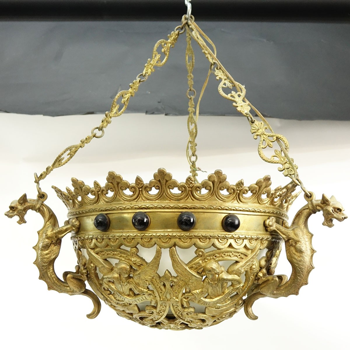 Antique Gothic Style Figural Gilt Bronze Dome Chandelier with Applied Glass Beads. Rubbing to gilt, insert has a loss.