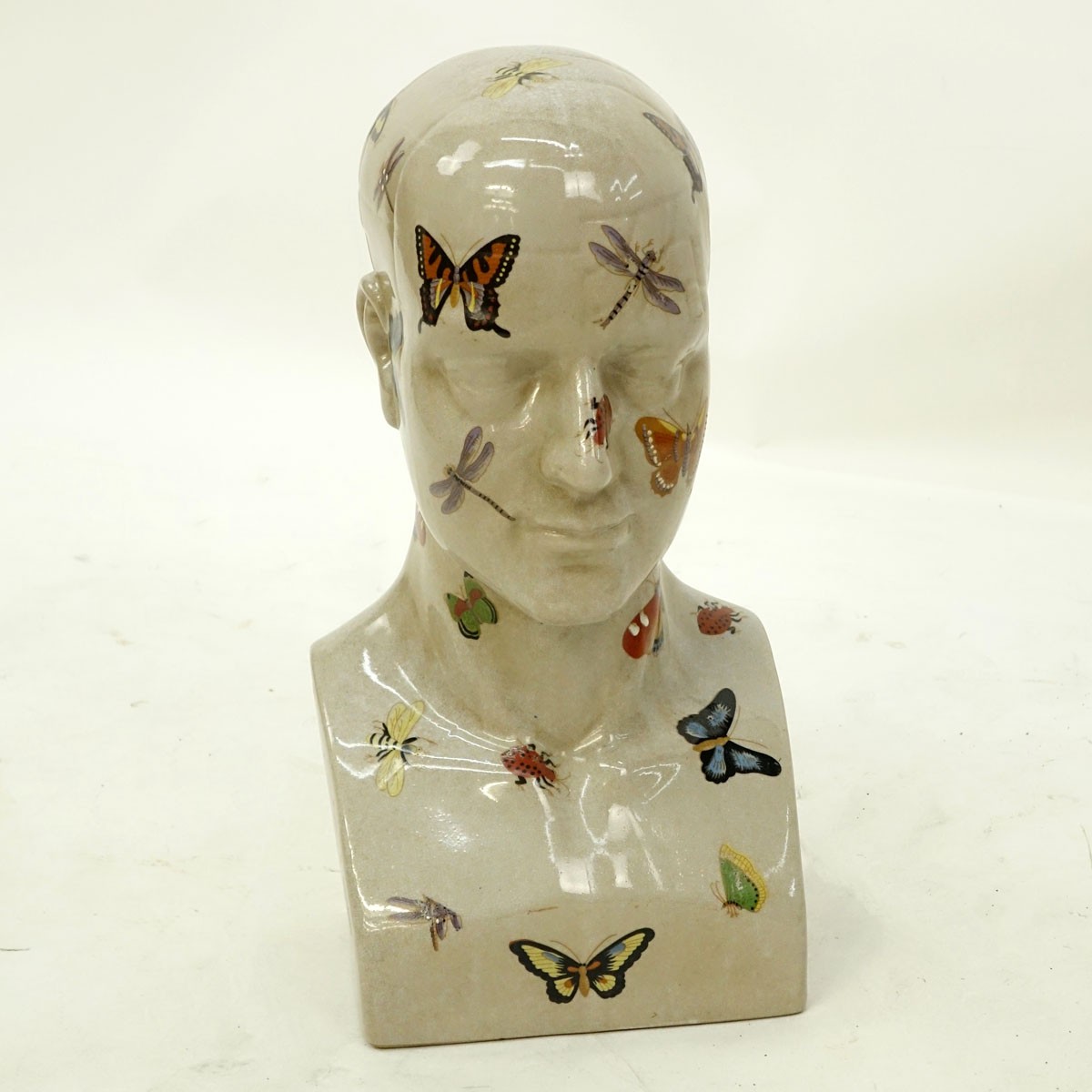 Large French Style Faience Bust of a Male Figure with Insects Motif. Unsigned.