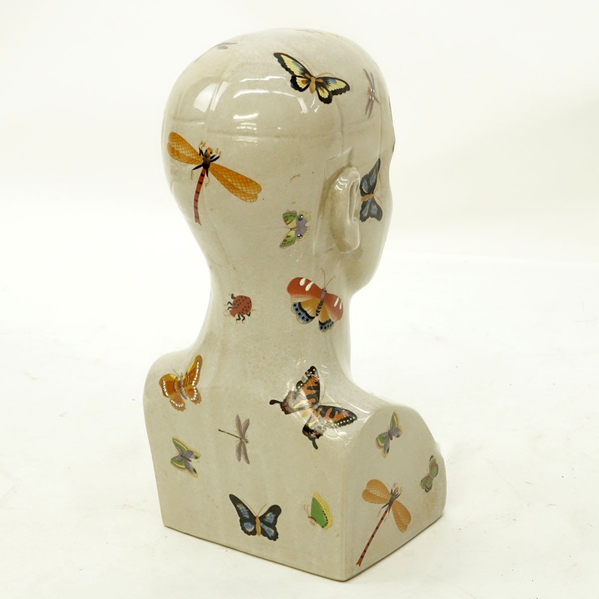 Large French Style Faience Bust of a Male Figure with Insects Motif. Unsigned.