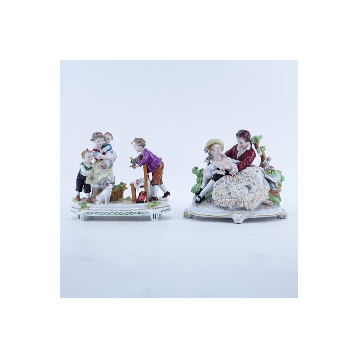 Grouping of Two (2) Dresden Porcelain Figural Groups. Each appropriately signed to base.