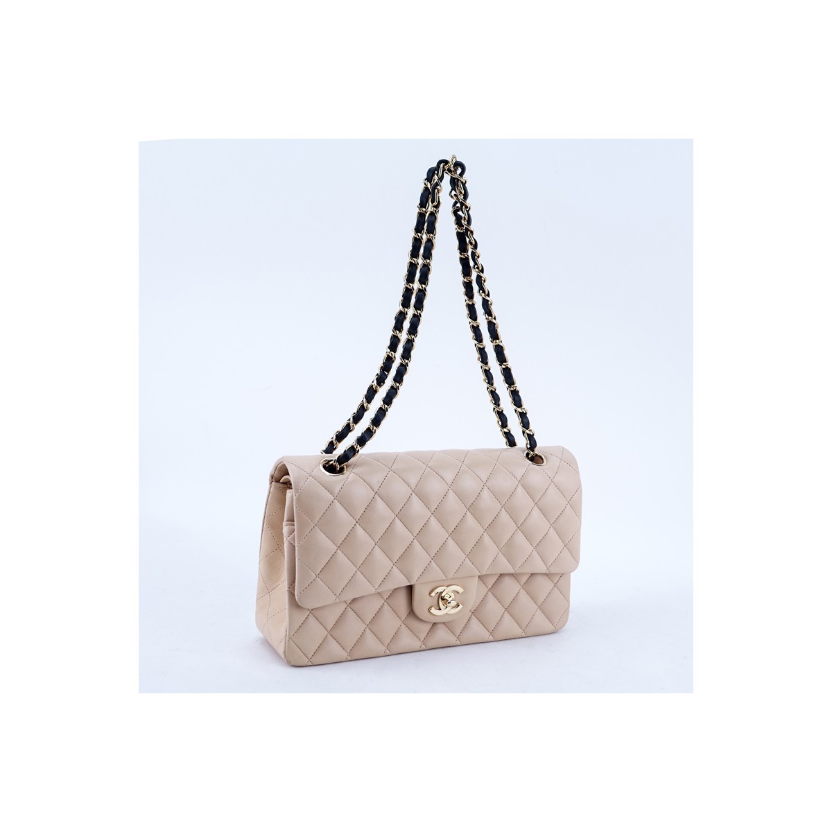 Chanel Light Beige Quilted Leather Bicolor Classic Double Flap 26 Bag. Gold tone hardware, beige interior with zippered and patch pockets, chain interlaced with leather.