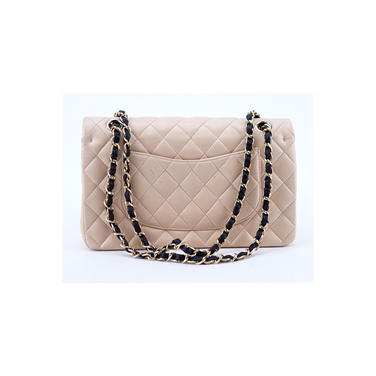 Chanel Light Beige Quilted Leather Bicolor Classic Double Flap 26 Bag. Gold tone hardware, beige interior with zippered and patch pockets, chain interlaced with leather.