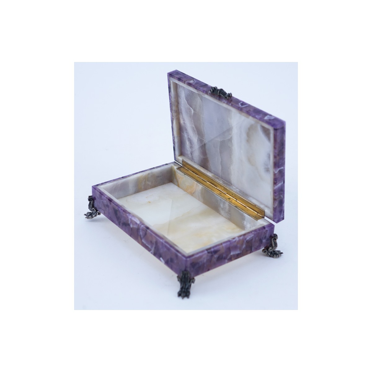 Vintage Amethyst Hinged Covered Box with 800 Silver Claw Feet. Stamped.