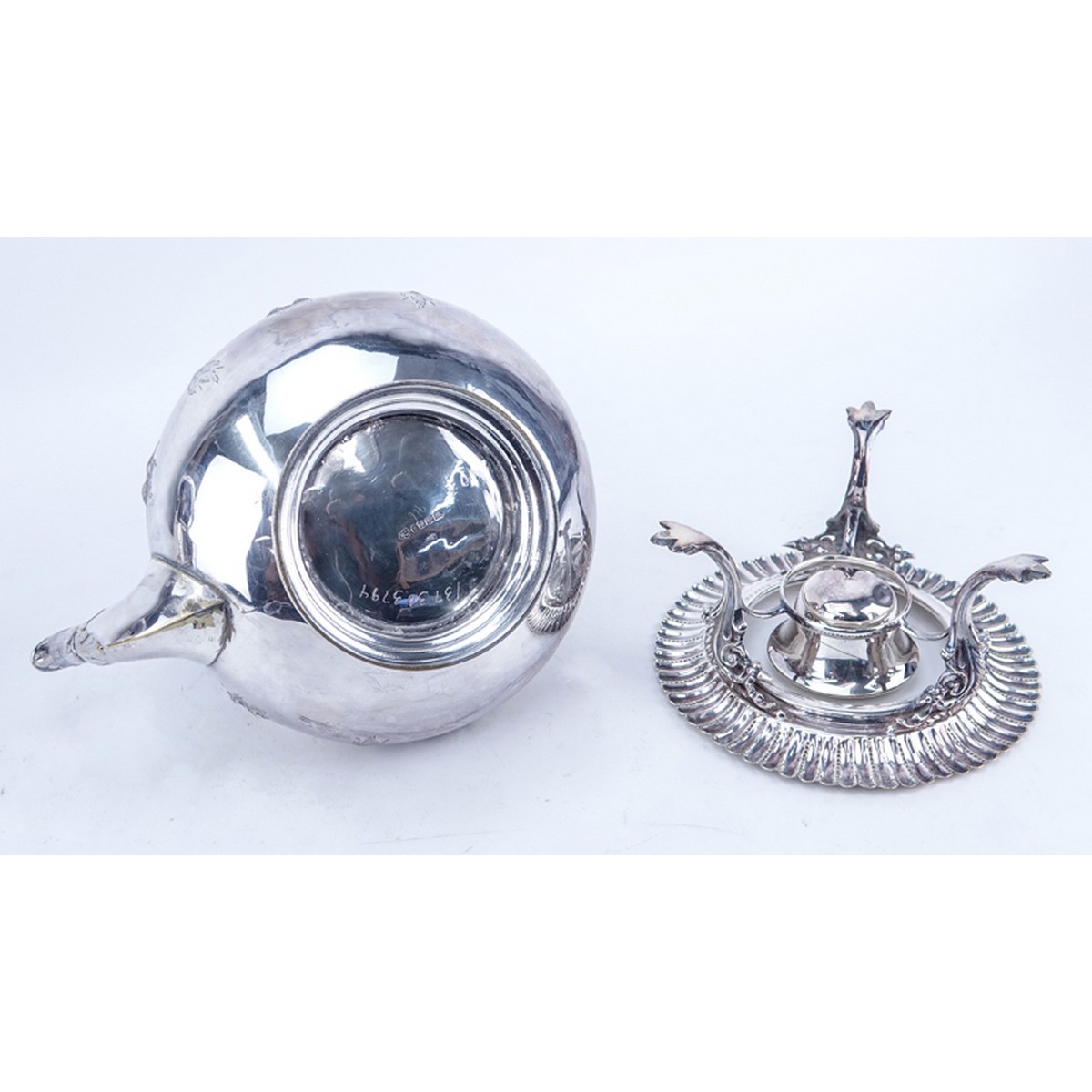 Grouping of Two (2): Philip Ashbury & Sons Sheffield Silver Plate Tea Pot, English Silver Plate Tea Pot with Warming Stand. Each marked on base, English tea pot has hallmarks to base.