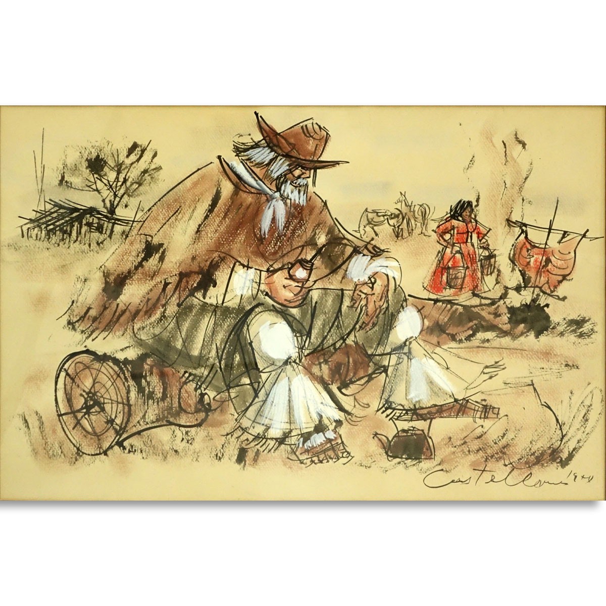 Elena Castellanos (20th C) Watercolor on Paper, Seated Gaucho Cowboy, Signed and Dated Lower Right. Good condition.