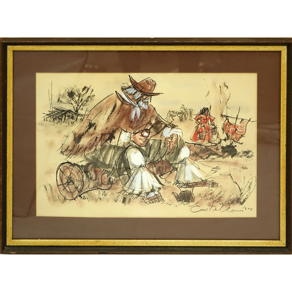 Elena Castellanos (20th C) Watercolor on Paper, Seated Gaucho Cowboy, Signed and Dated Lower Right. Good condition.