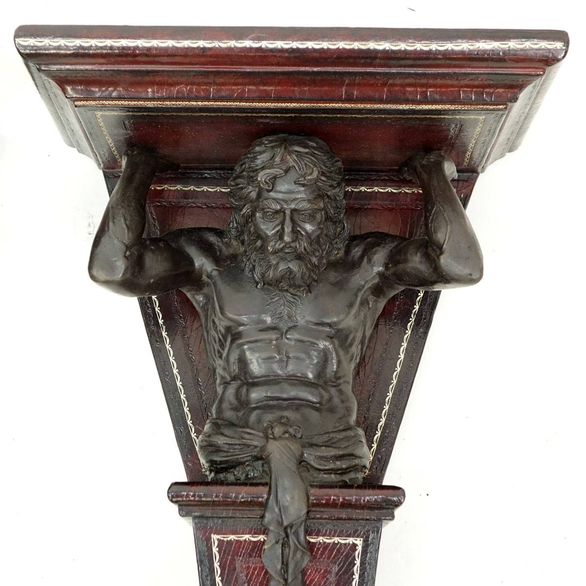 Pair of Renaissance Style, Figural Bronze and Textured Wood Wall Brackets. Nicks and rubbing, crackle to surface.