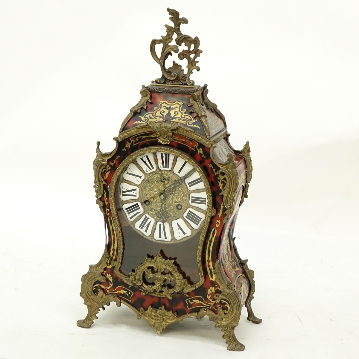 Modern French Boulle Style Gilt Brass Mounted Bracket Clock. Enameled mounted dial with Roman numerals, key and pendulum included.