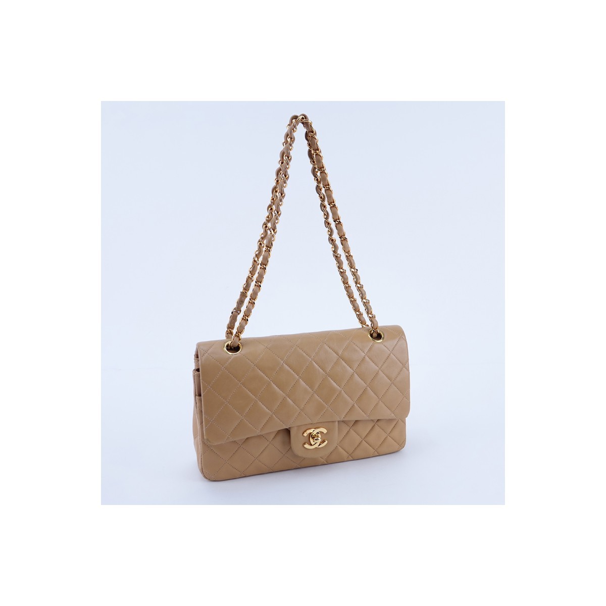 Chanel Dark Beige Quilted Leather Classic Double Flap 26 Handbag. Gold tone hardware, matching leather interior with patch and zippered pockets.
