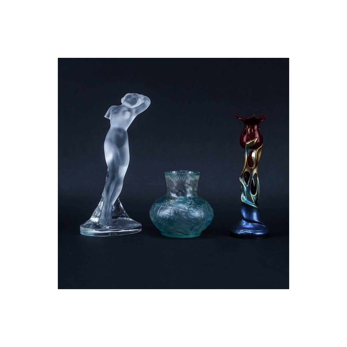 Group of Three (3): Lalique Nude Figurine, Zsolnay Eosin Tulip Pottery Candlestick, and Cameo Glass Vase. All signed appropriately.
