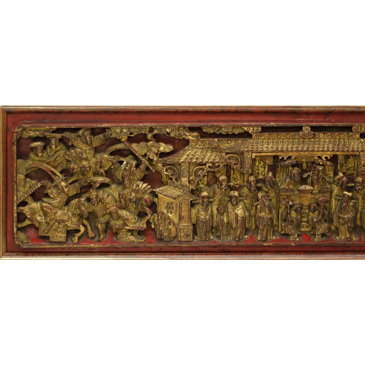 Chinese Gilt Painted and  Deep Relief Carved Wood Scenic Panel. Rubbing to gilt.