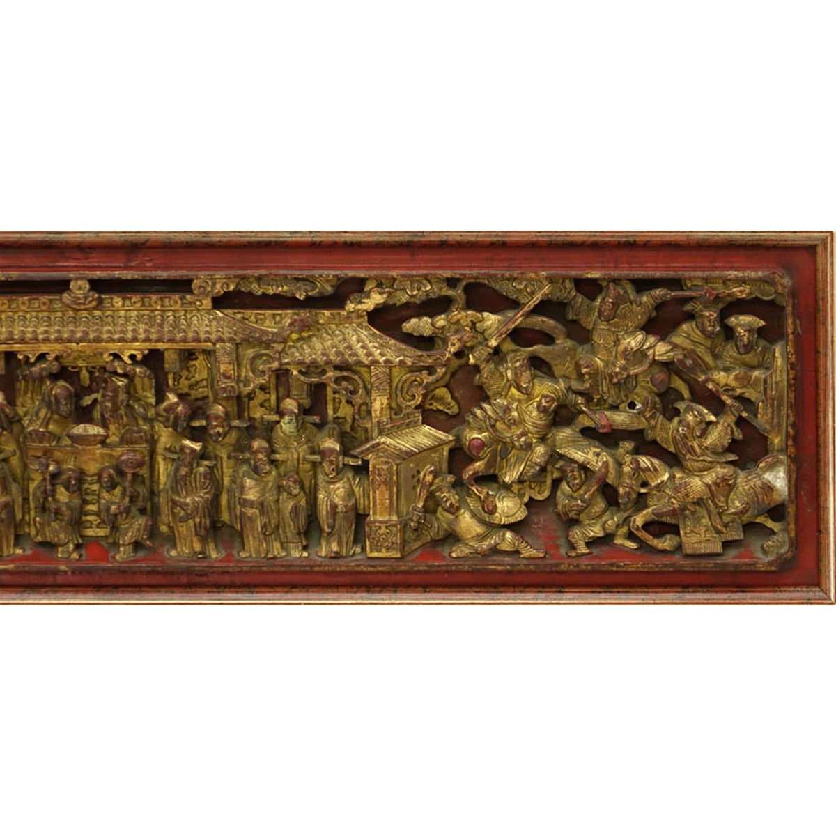 Chinese Gilt Painted and  Deep Relief Carved Wood Scenic Panel. Rubbing to gilt.