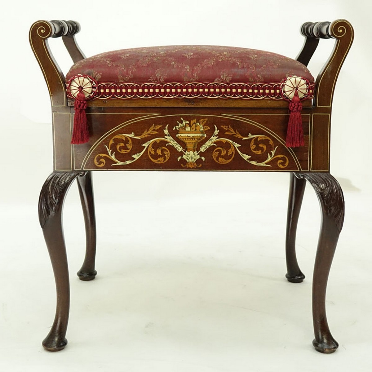 Antique Queen Anne Style Painted and Inlaid Upholstered Bench. Rubbing to varnish, split to wood on one side, light scratches to wood.