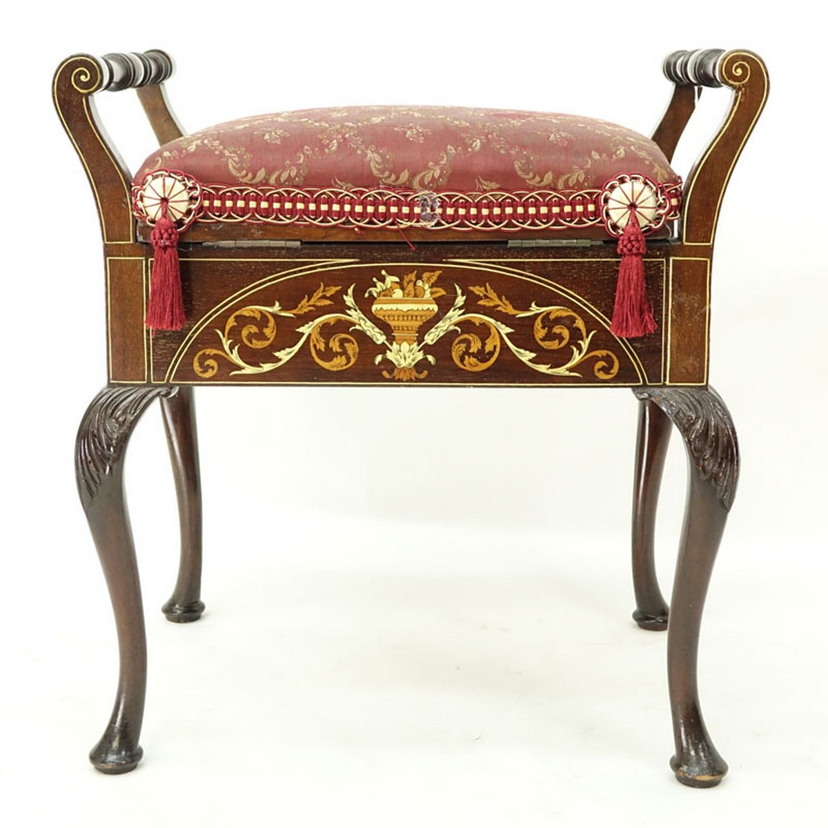 Antique Queen Anne Style Painted and Inlaid Upholstered Bench. Rubbing to varnish, split to wood on one side, light scratches to wood.