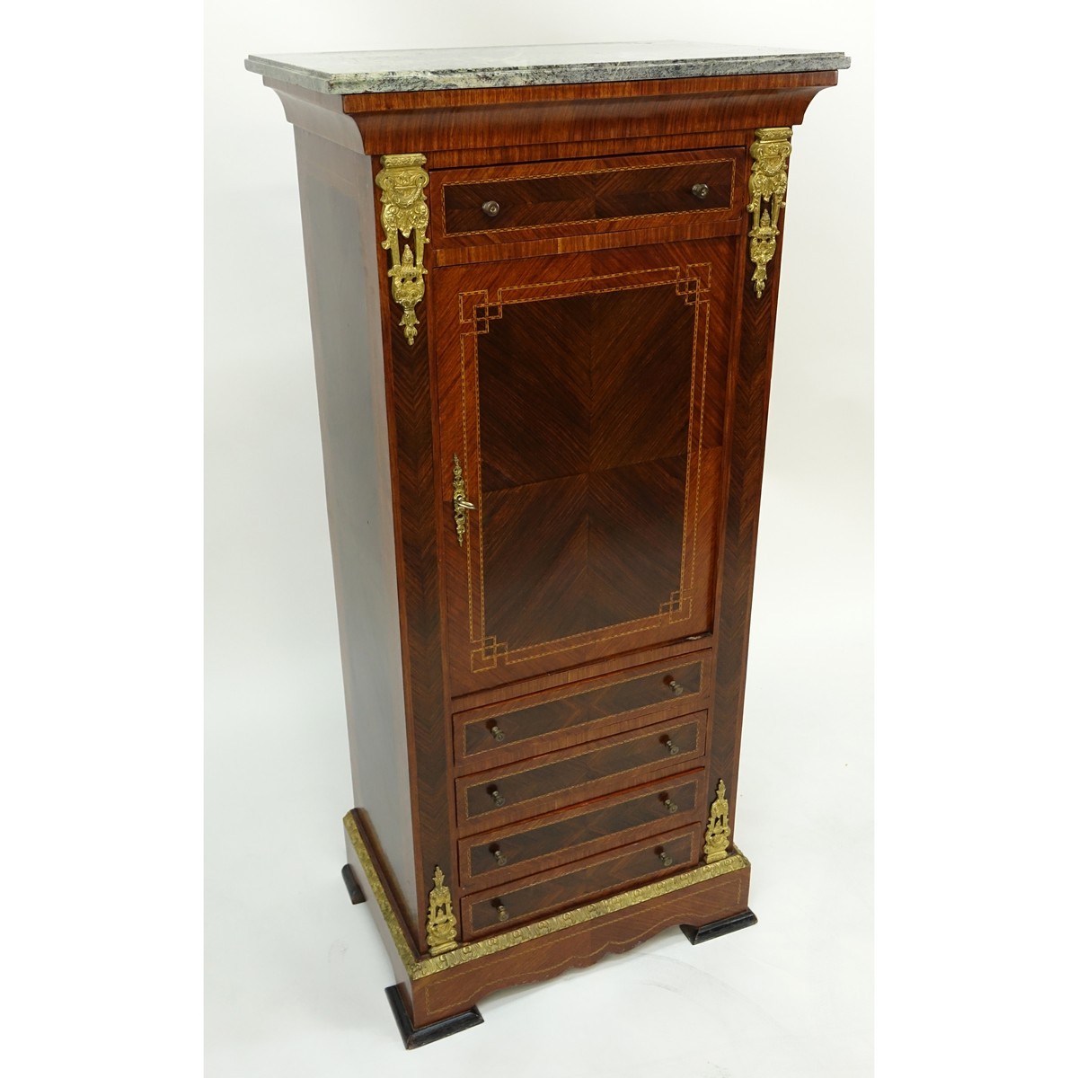 Tall Mid Century Louis XVI Style Gilt Brass Inlaid Secretary Desk with Marble Top. Large center door with four sliding doors, key included.