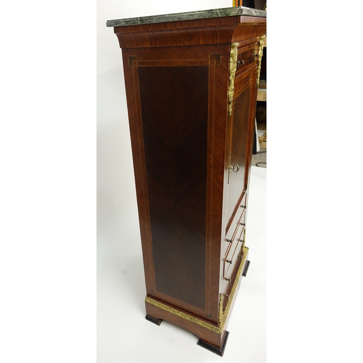 Tall Mid Century Louis XVI Style Gilt Brass Inlaid Secretary Desk with Marble Top. Large center door with four sliding doors, key included.