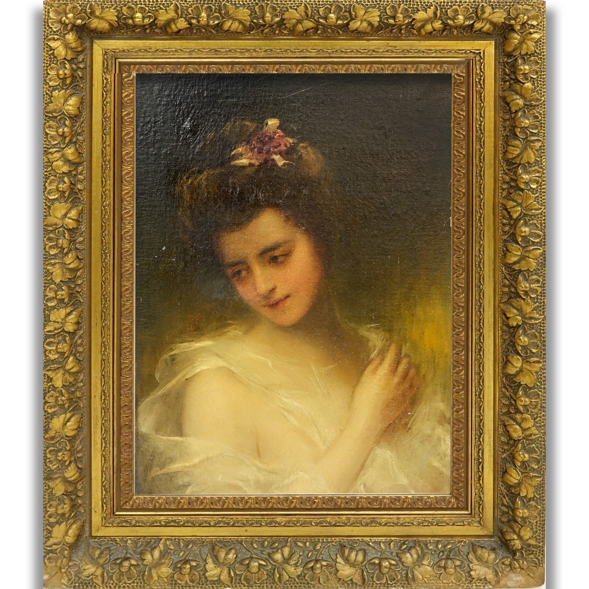 Antique Oil on Canvas Laid on Cardboard, Portrait of a Young Girl, Lower Right. Heavy craquelure to surface, yellowing to varnish.