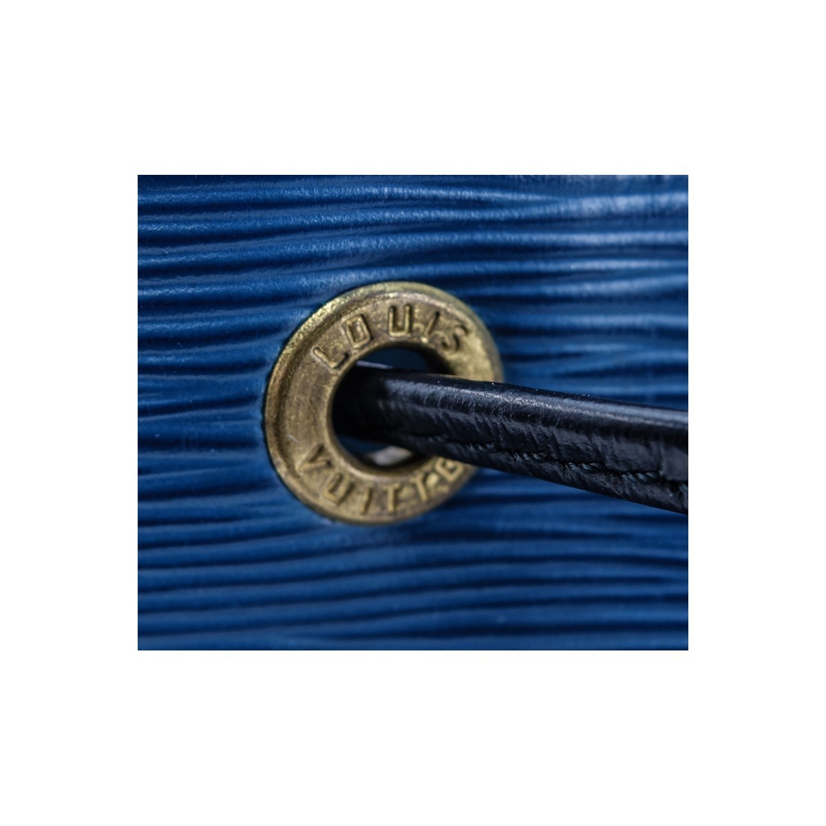 Louis Vuitton Blue/Black Epi Leather Noe Bicolor PM Bag. Golden brass hardware, blue suede interior, black strap and drawstring.