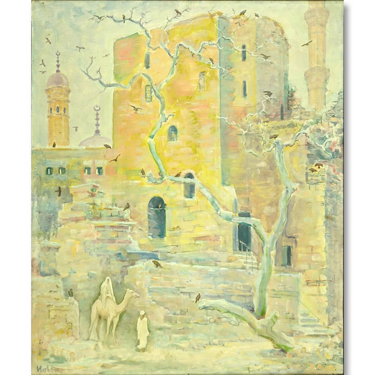 Orientalist Oil On Canvas, Architecture Scene in Cairo, Signed Lower Left. Inscribed on frame en verso.