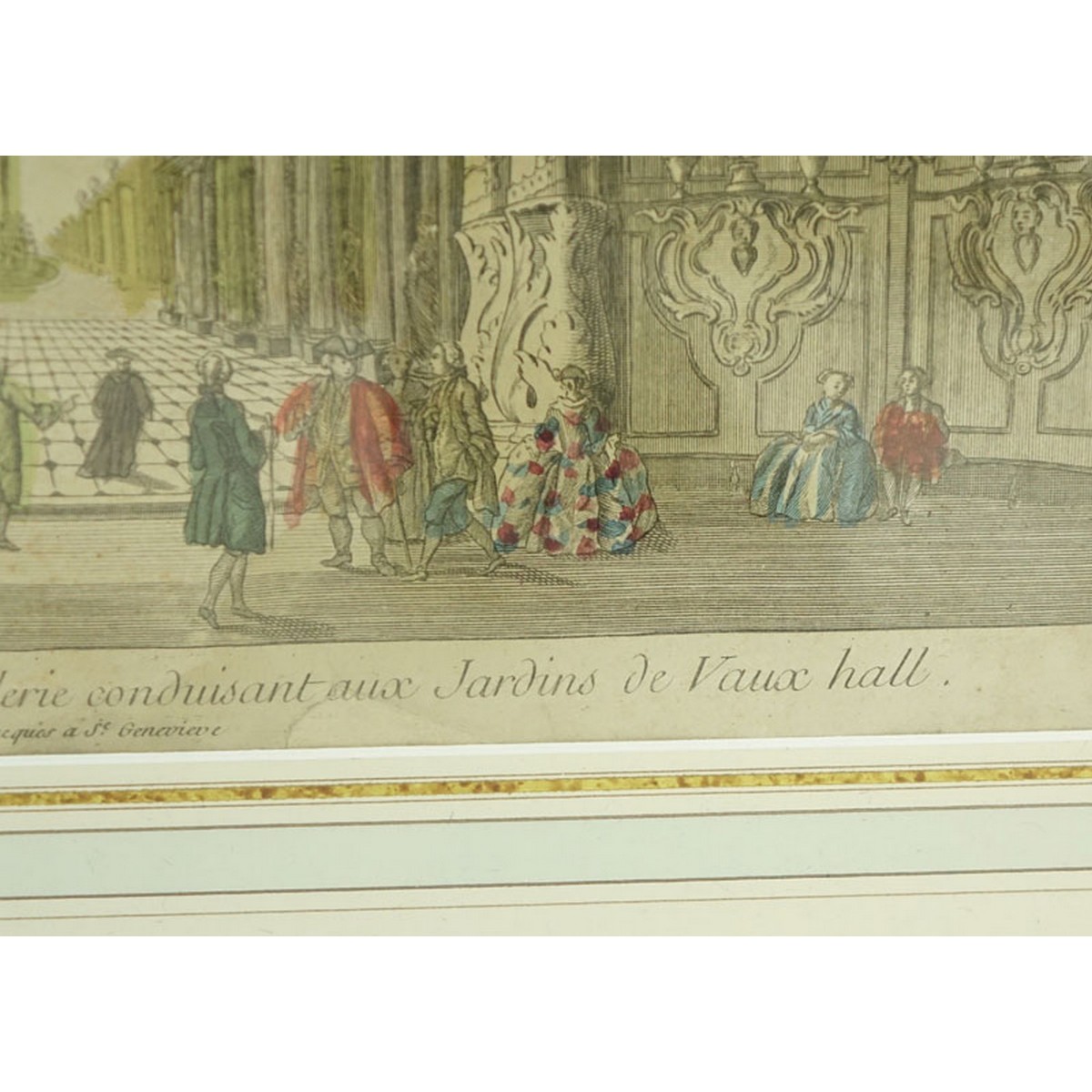 17/18th French School Hand Color Engraving, Vue Interieure d’une Belle Galerie Conduisant aux Jardins de Vaux Hall, a Pris chez Basset S. Jacques a Genevieve, no 188.