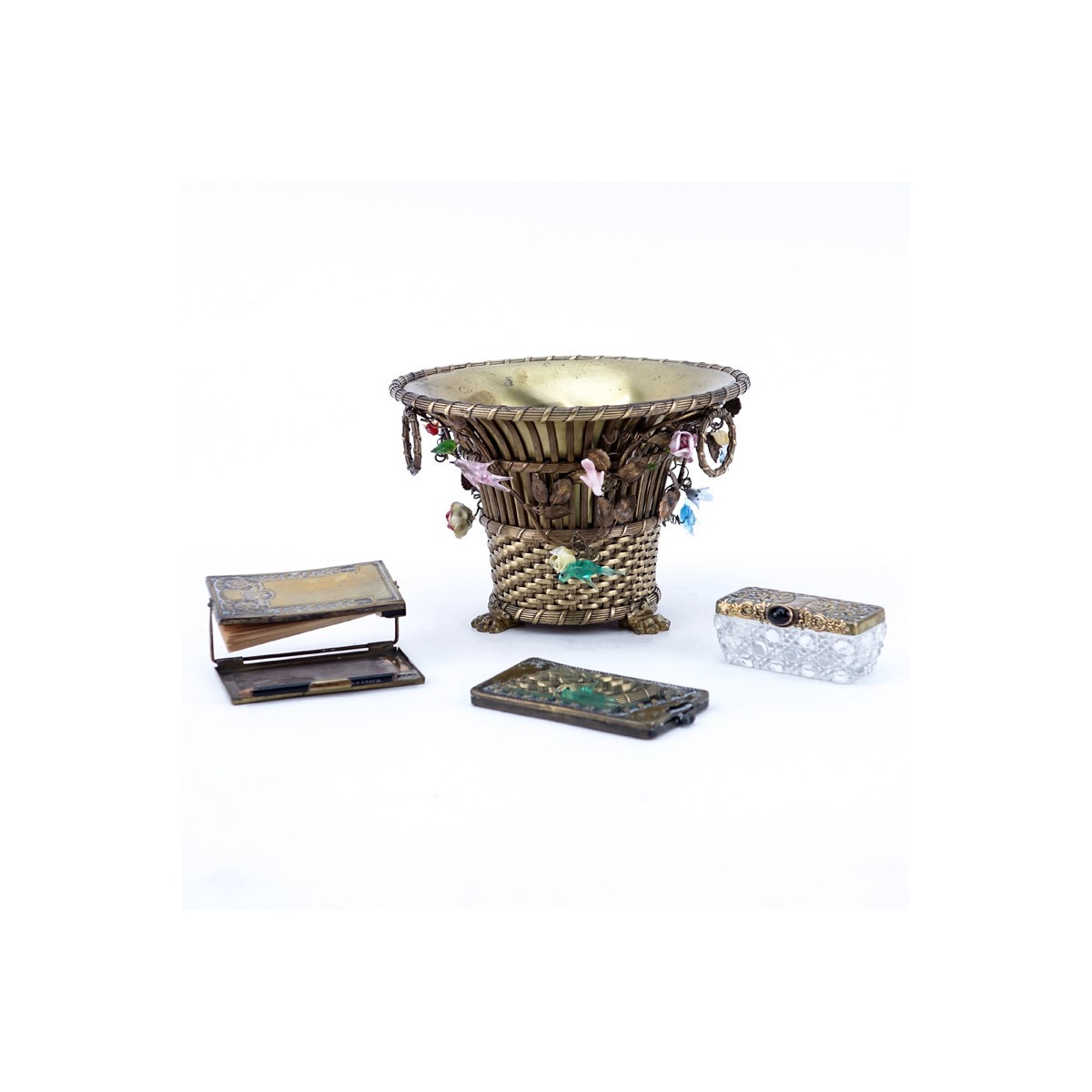 Grouping of Four (4): French Gilt Brass Vase with Porcelain Flowers and Glass Birds Accents, German Art Nouveau Gilt Brass Miniature Note Pad, Art Nouveau Gilt Brass and Glass Box, Art Nouveau Miniature Brush with Mirror Case. Note pad is marked 'Germany'