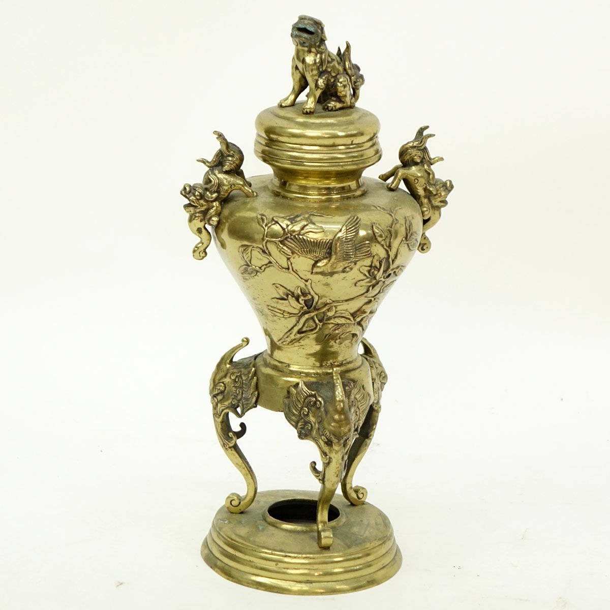 Antique Japanese Gilt Bronze High Standing Incense Burner with Foo Dog Finial. Raised birds and flowers relief, with figural handles.