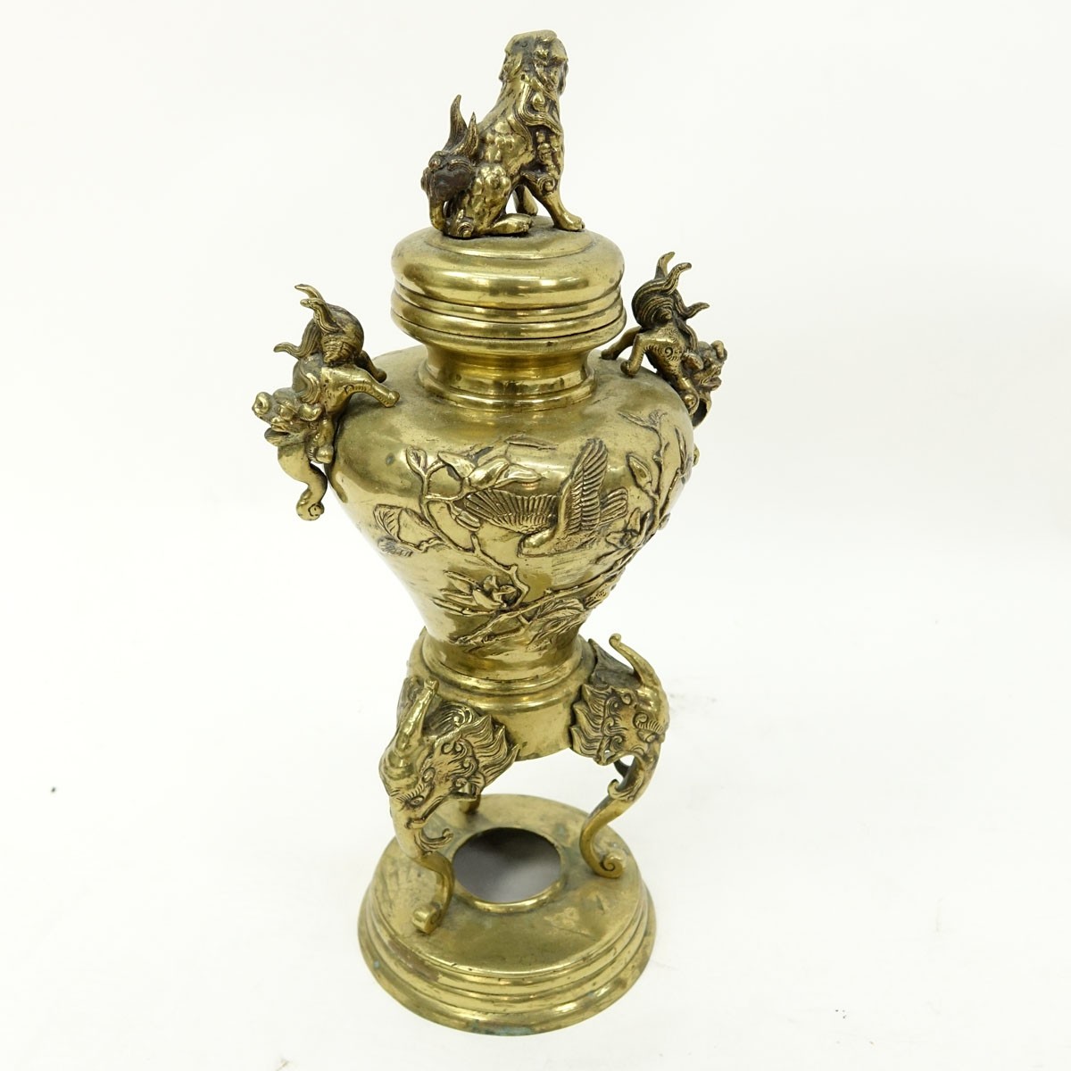 Antique Japanese Gilt Bronze High Standing Incense Burner with Foo Dog Finial. Raised birds and flowers relief, with figural handles.