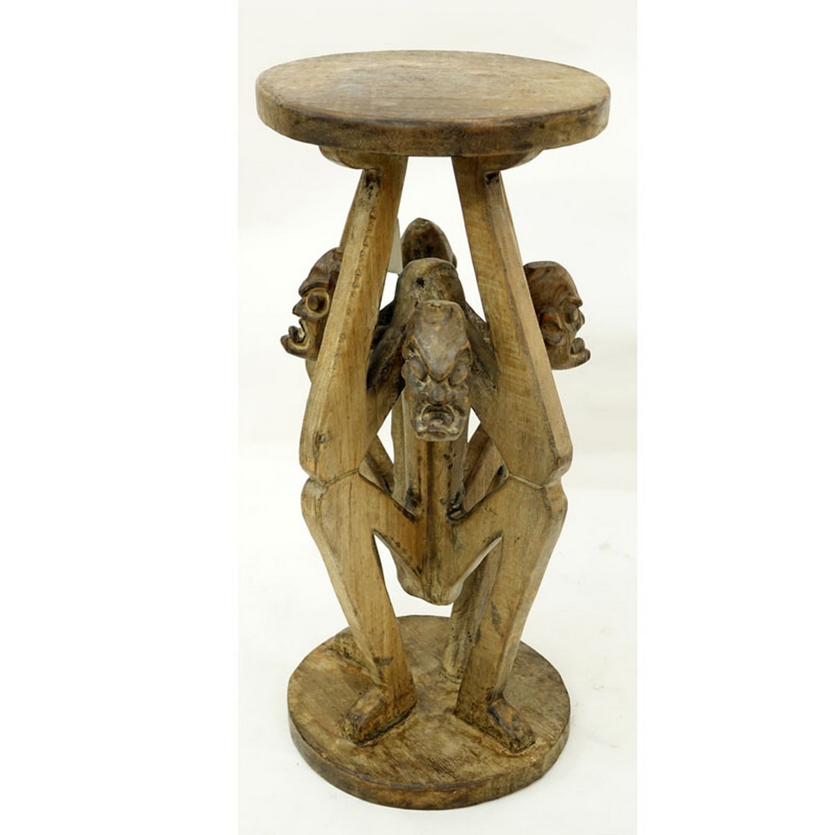 20th Century African Wood Carved Figural Stool, Attributed to the Republic of Congo. Typical condition associated with aging of natural wood otherwise good condition.