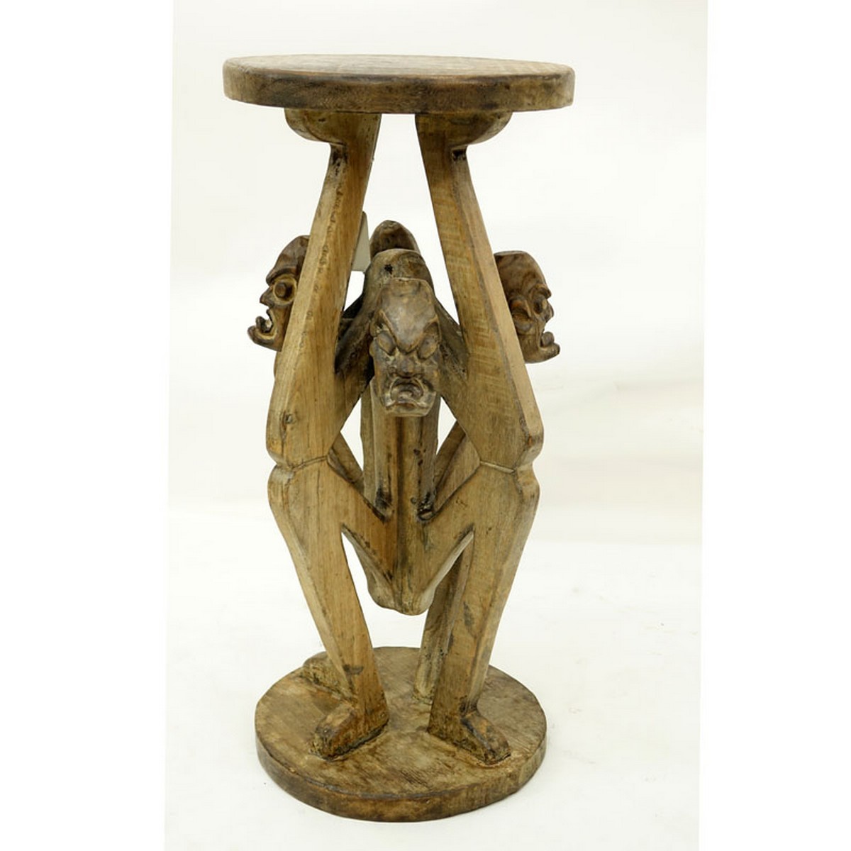 20th Century African Wood Carved Figural Stool, Attributed to the Republic of Congo. Typical condition associated with aging of natural wood otherwise good condition.