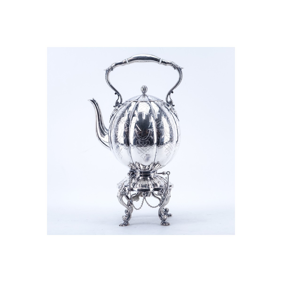 Victorian Style Silver Plated Tilting Hot Water Kettle on Stand. Unsigned.