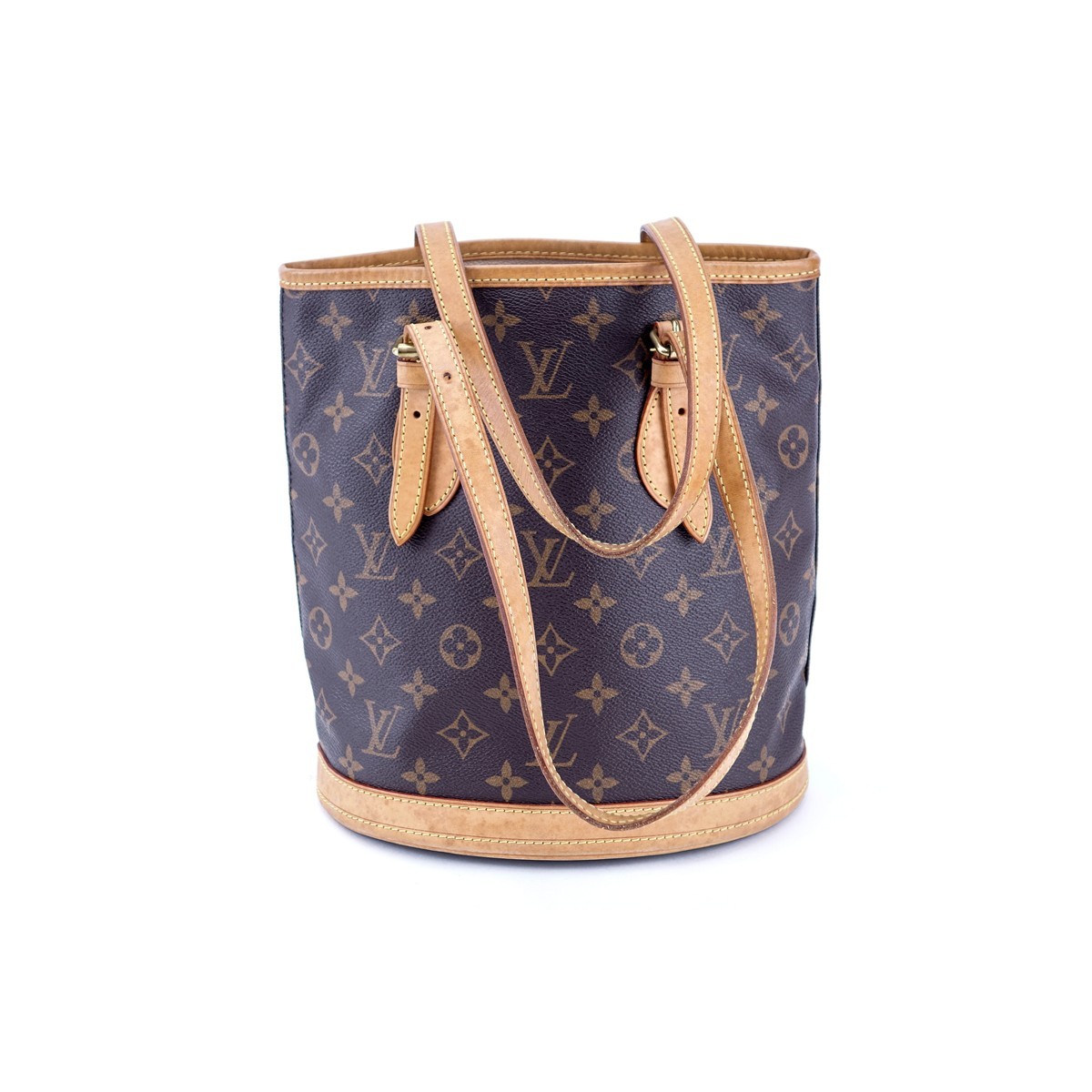 Louis Vuitton Brown Monogram Coated Canvas Bucket PM Bag. Golden brass hardware, beige leather interior with zipper and slot pockets, vachetta straps.