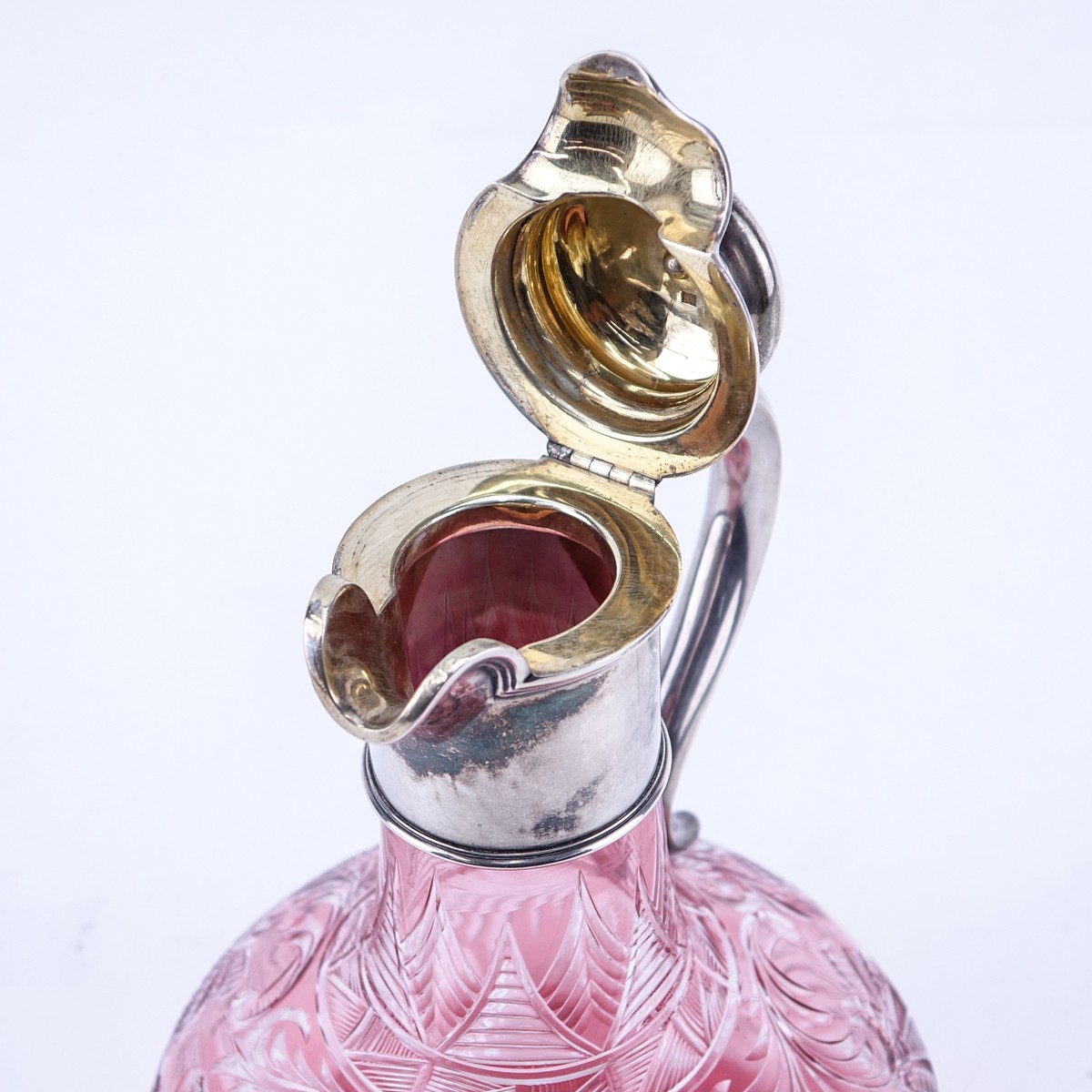 Faberge Moscow 1896 Silver and Cut Ruby to Clear Glass Decanter with Relief Flower Finial. Stamped ?.???????, 88 (Moscow city mark).