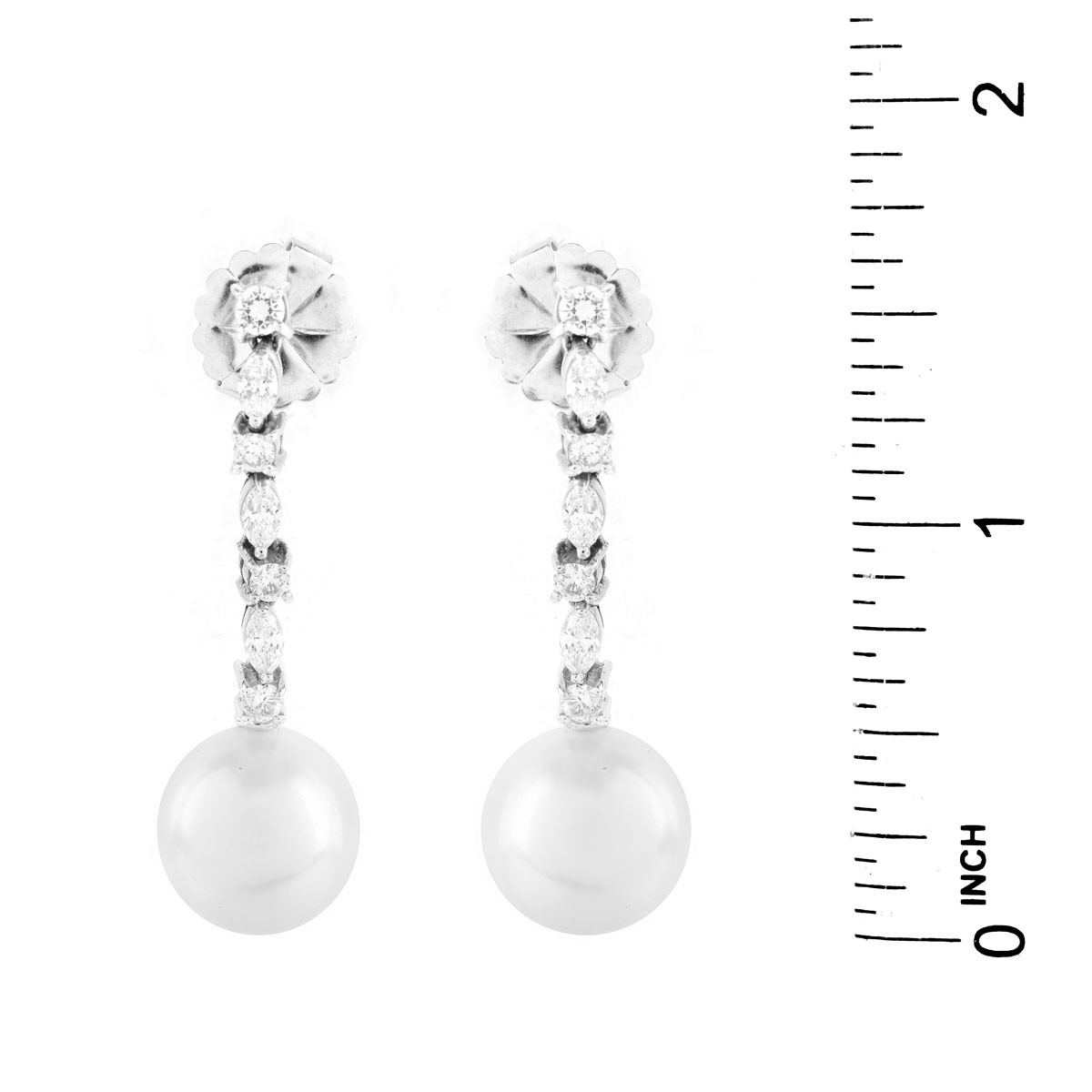 12.5mm South Sea Pearl, 1.25 Carat Marquise and Round Brilliant Cut Diamond and 14 Karat White Gold Pendant Earrings. Pearls with good polis and luster.