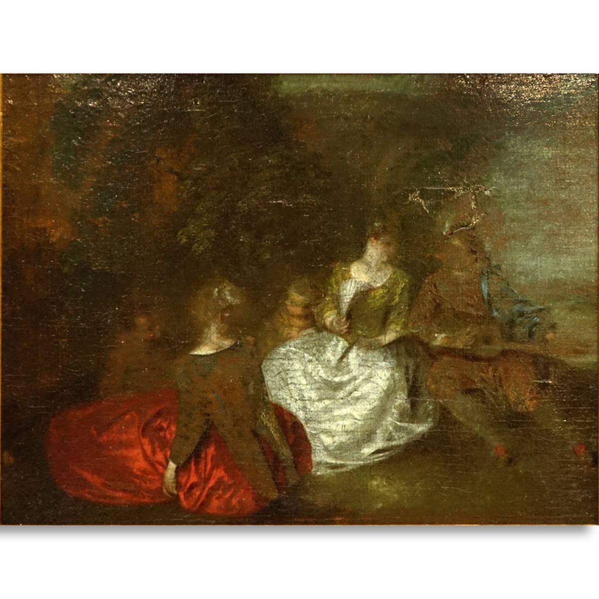 Attributed to: Antoine Watteau, French (1684 - 1721) Oil on Relined Canvas Conserved on Wood Panel "Fete Champetre", Artist name and date inscribed on plaque affixed to frame. Label attached en verso, inscribed "Watteau" on obverse side of the canvas.