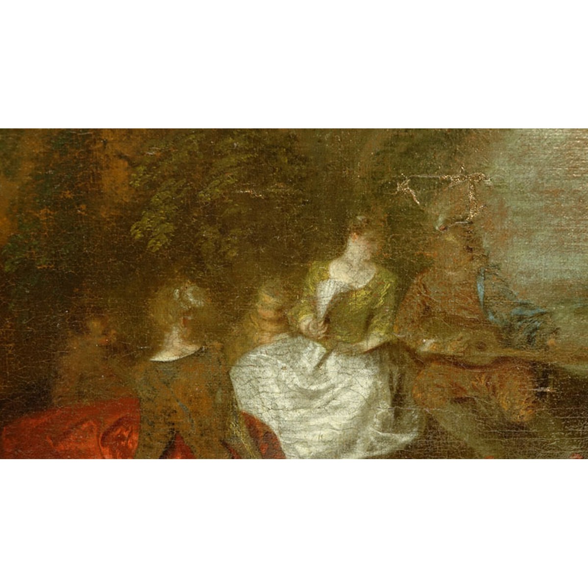 Attributed to: Antoine Watteau, French (1684 - 1721) Oil on Relined Canvas Conserved on Wood Panel "Fete Champetre", Artist name and date inscribed on plaque affixed to frame. Label attached en verso, inscribed "Watteau" on obverse side of the canvas.