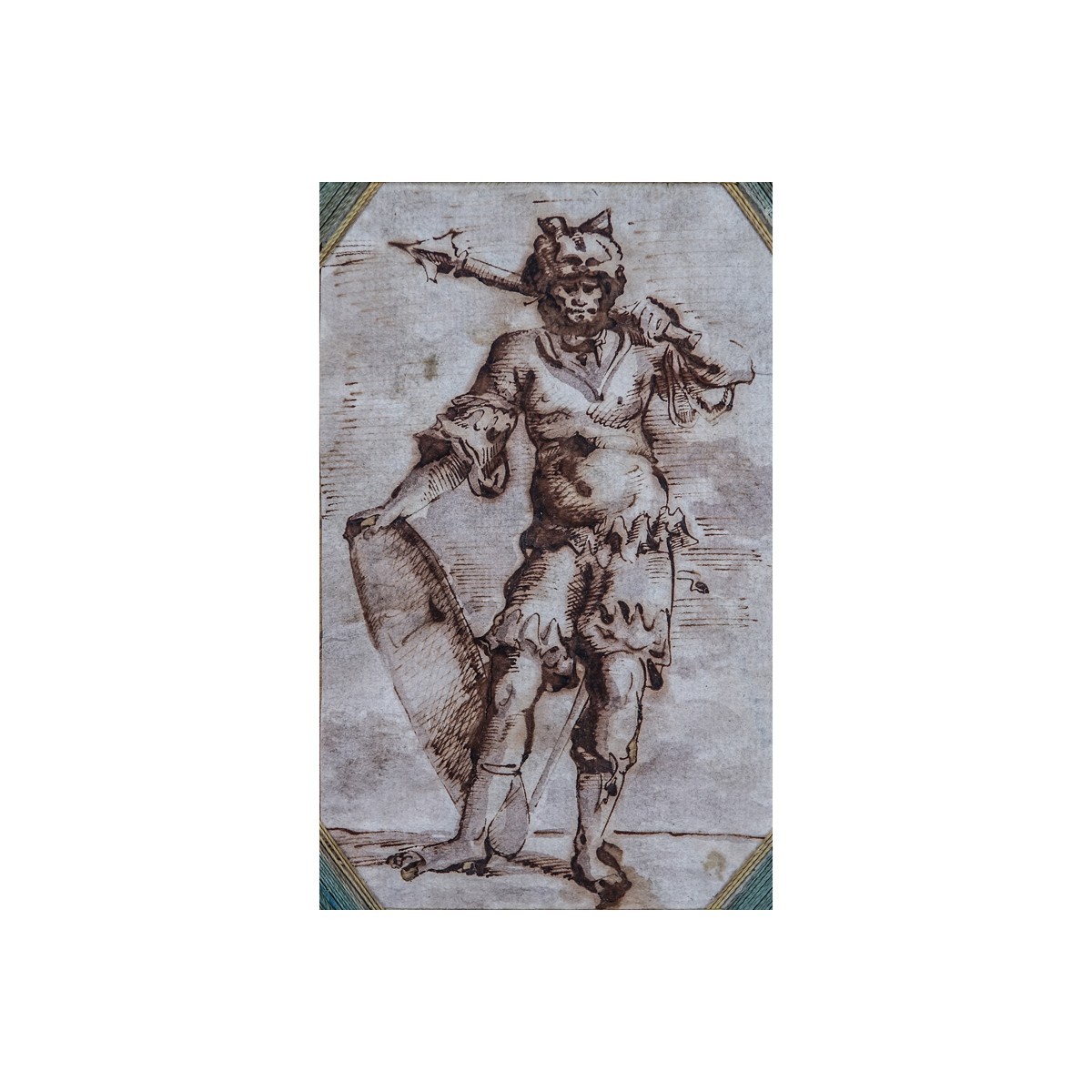 17th Century Old Master Ink On Paper In Handmade Frame "Warrior". The frame of paper and silk thread.