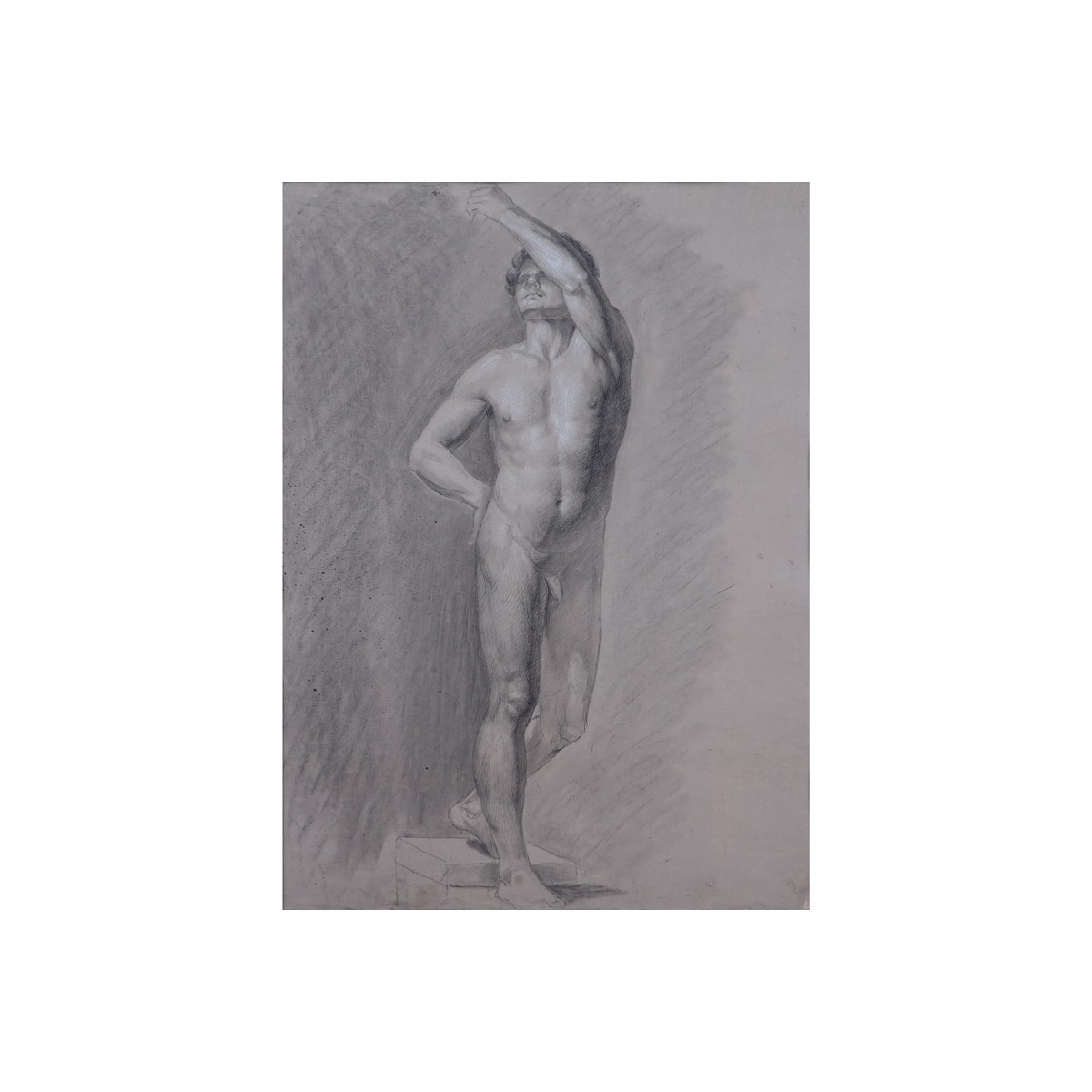 19th Century Italian Academic Graphite and Charcoal With White Highlights On Paper "Male Nude Study". Unsigned.