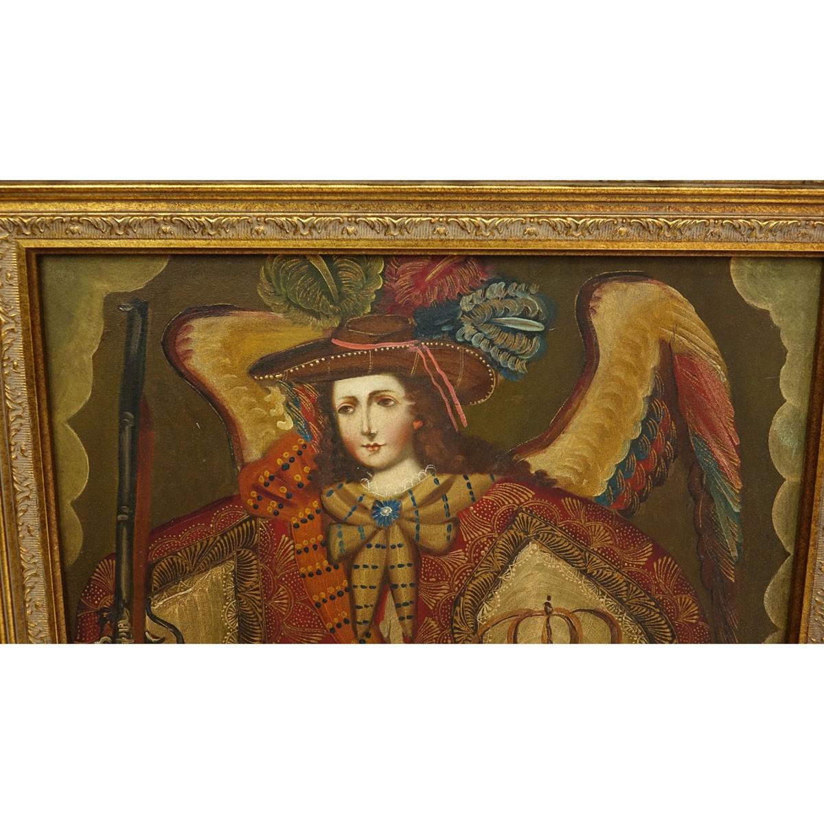 Pair of Cuzco School Oil on Canvas Paintings, Angel with Gun and San Gabriel, One Inscribed Lower Right. Unsigned.