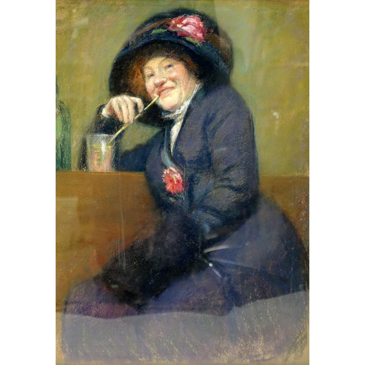 19th Century French Pastel "Woman With Drink" Unsigned. Old French labels en verso.