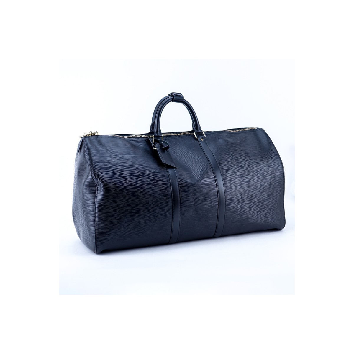 Louis Vuitton Black Epi Leather Keepall 55 Travel Bag. Golden brass hardware, leather interior, luggage tag, handle strap.