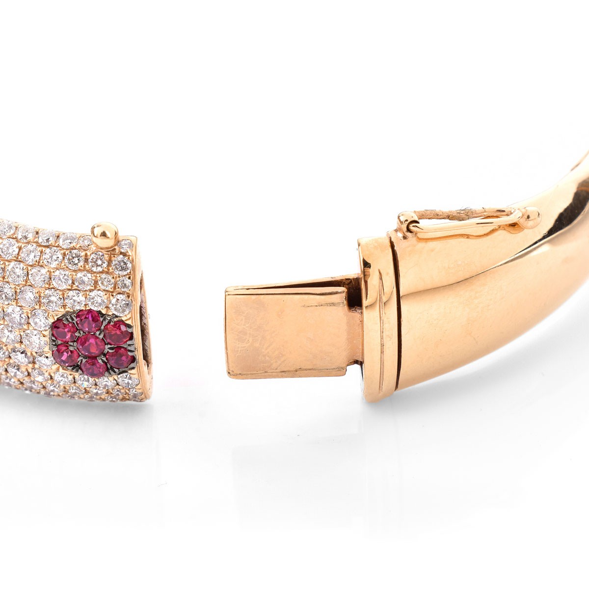 Contemporary Design 5.64 Carat Pave Set Round Cut Ruby, 5.08 Carat Round Cut Diamond and 18 Karat Rose Gold Hinged Bangle Bracelet. Rubies with vivid saturation of color.