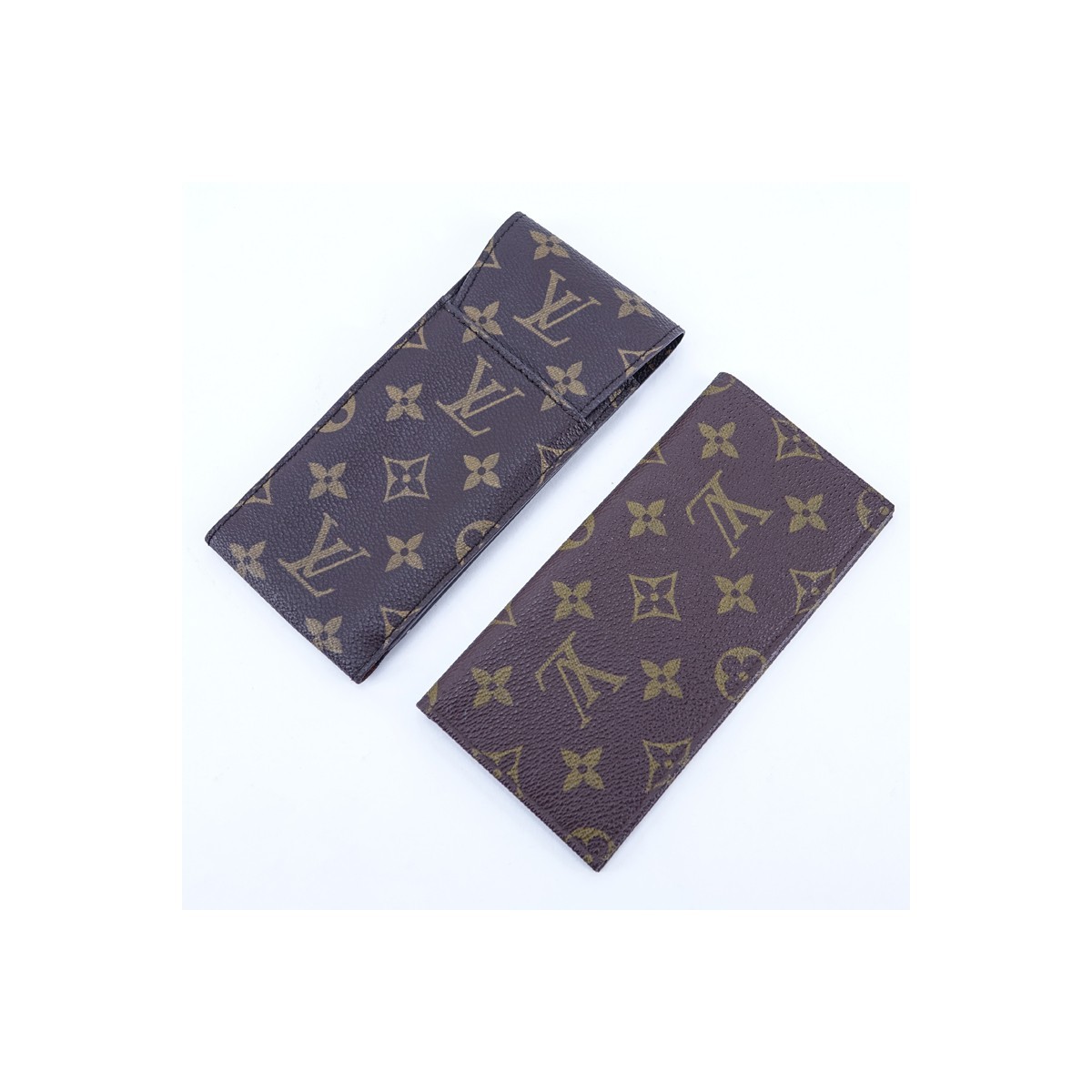 Two (2) Louis Vuitton Brown Monogram Coated Canvas Accessories. Includes checkbook holder and eyeglass case.