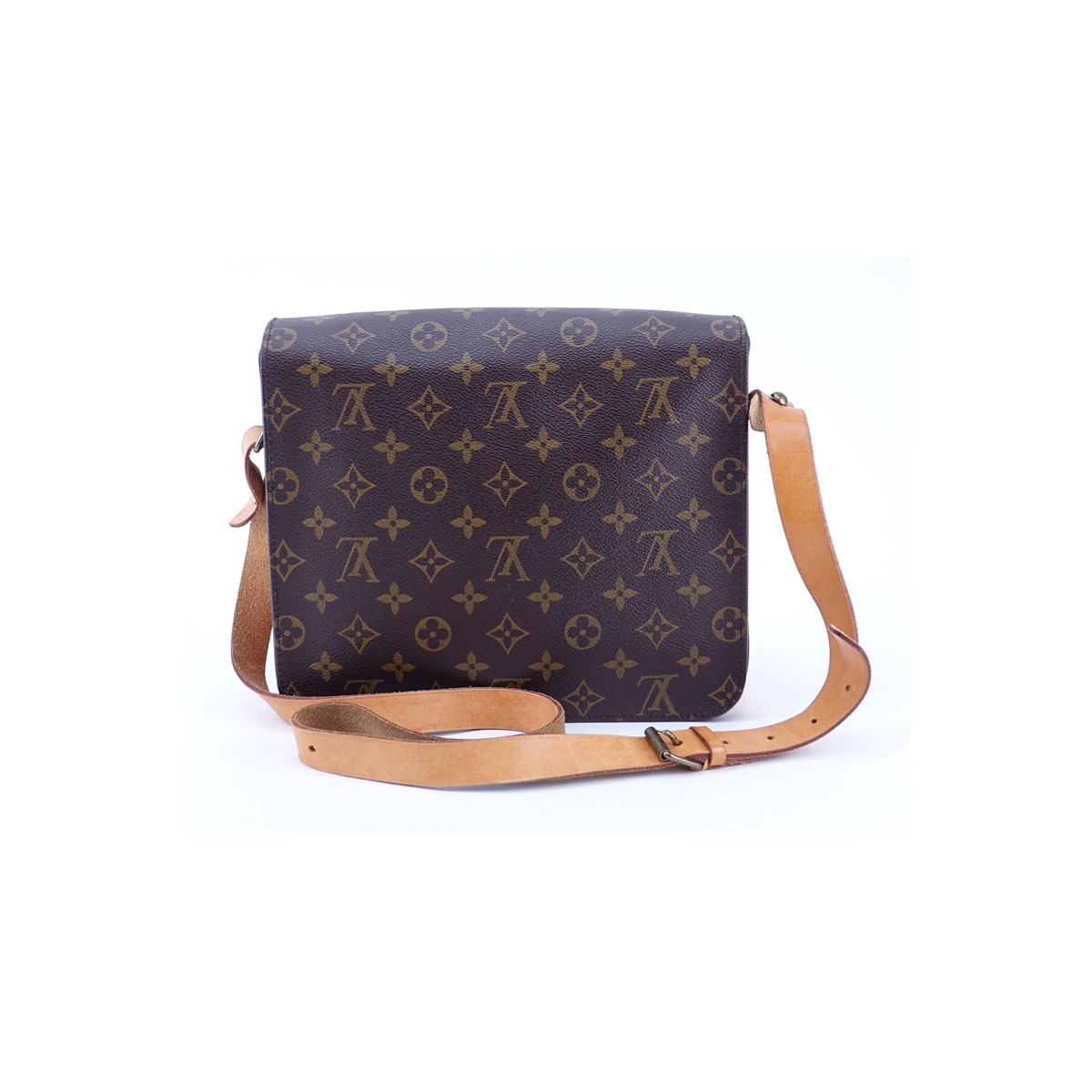 Louis Vuitton Brown Monogram Coated Canvas Cartouchiere GM Shoulder Bag. Golden brass hardware, brown interior with 2 compartments.
