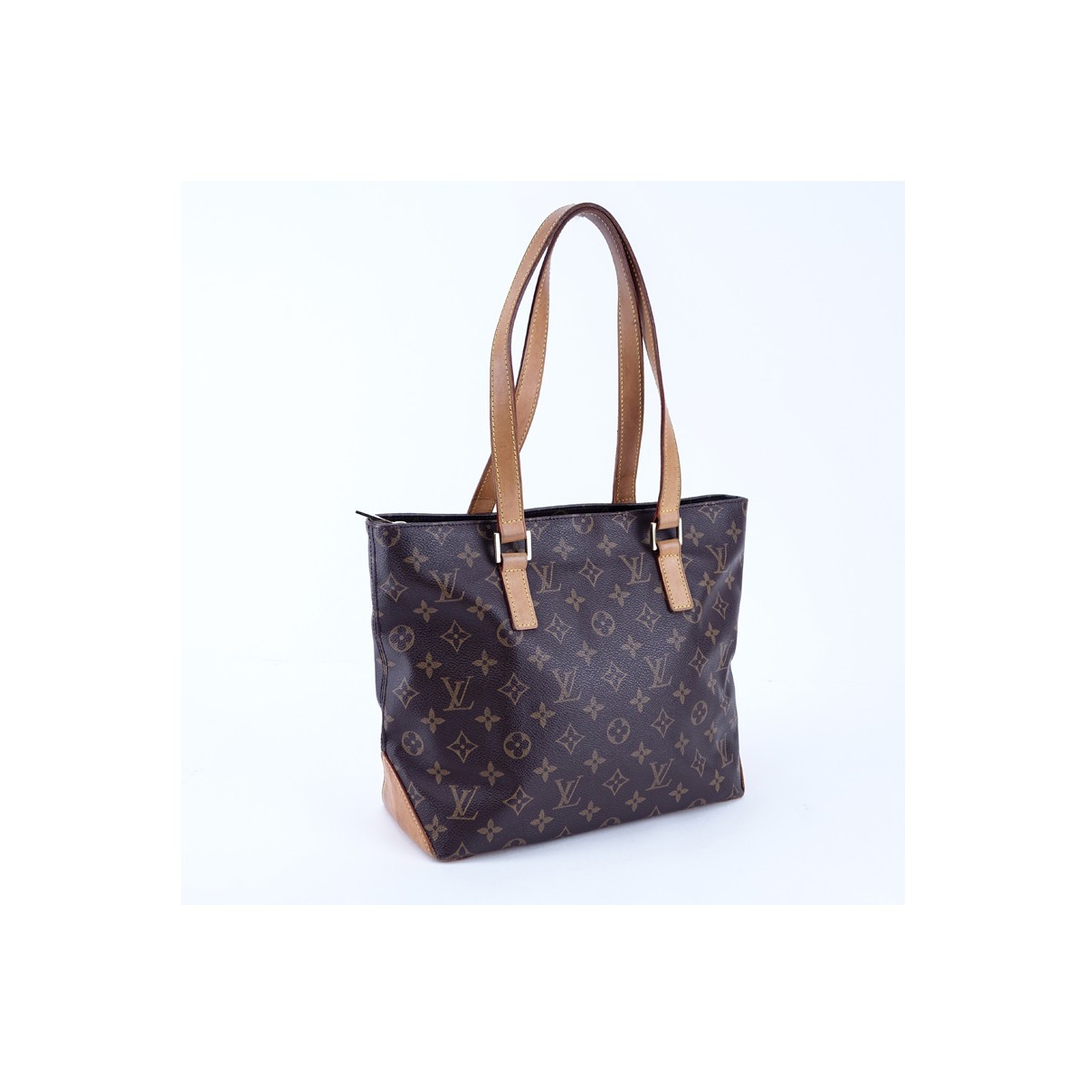 Louis Vuitton Brown Monogram Coated Canvas Cabas Piano Bag. Golden brass hardware, brown interior with zipper and patch pockets, vachetta straps.