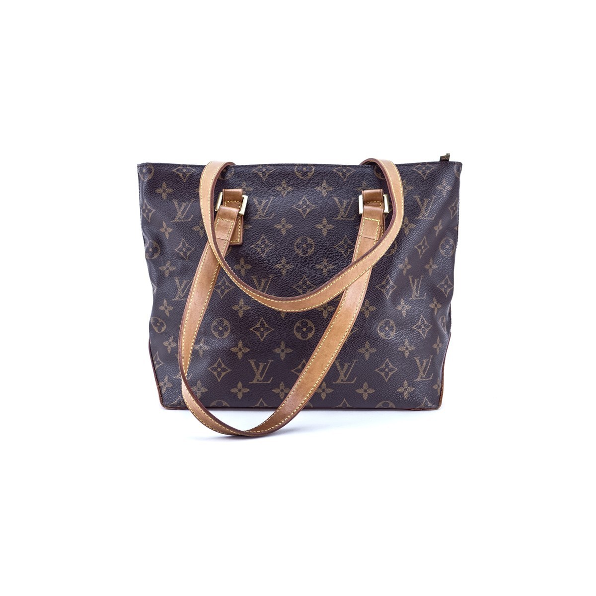 Louis Vuitton Brown Monogram Coated Canvas Cabas Piano Bag. Golden brass hardware, brown interior with zipper and patch pockets, vachetta straps.