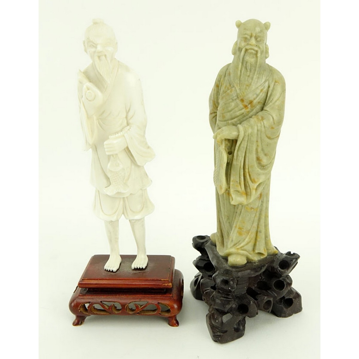 Grouping of Four (4): Pair of Chinese Cloisonne Vases, Chinese Carved Ivory Figurine, and Chinese Soapstone Figurine. Dent to one vase, ivory figure has a small loss to object and to top of the head.