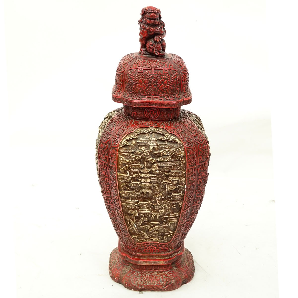 Large Chinese Cinnabar Style Raised Relief Plaster, In the Form of a Covered Urn. A few nicks to surface otherwise good condition.