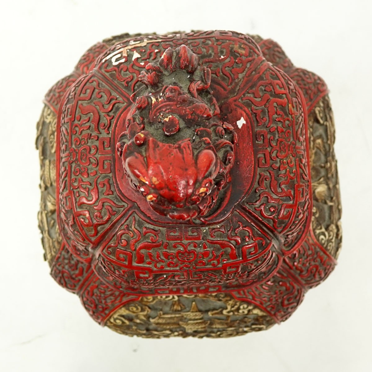 Large Chinese Cinnabar Style Raised Relief Plaster, In the Form of a Covered Urn. A few nicks to surface otherwise good condition.