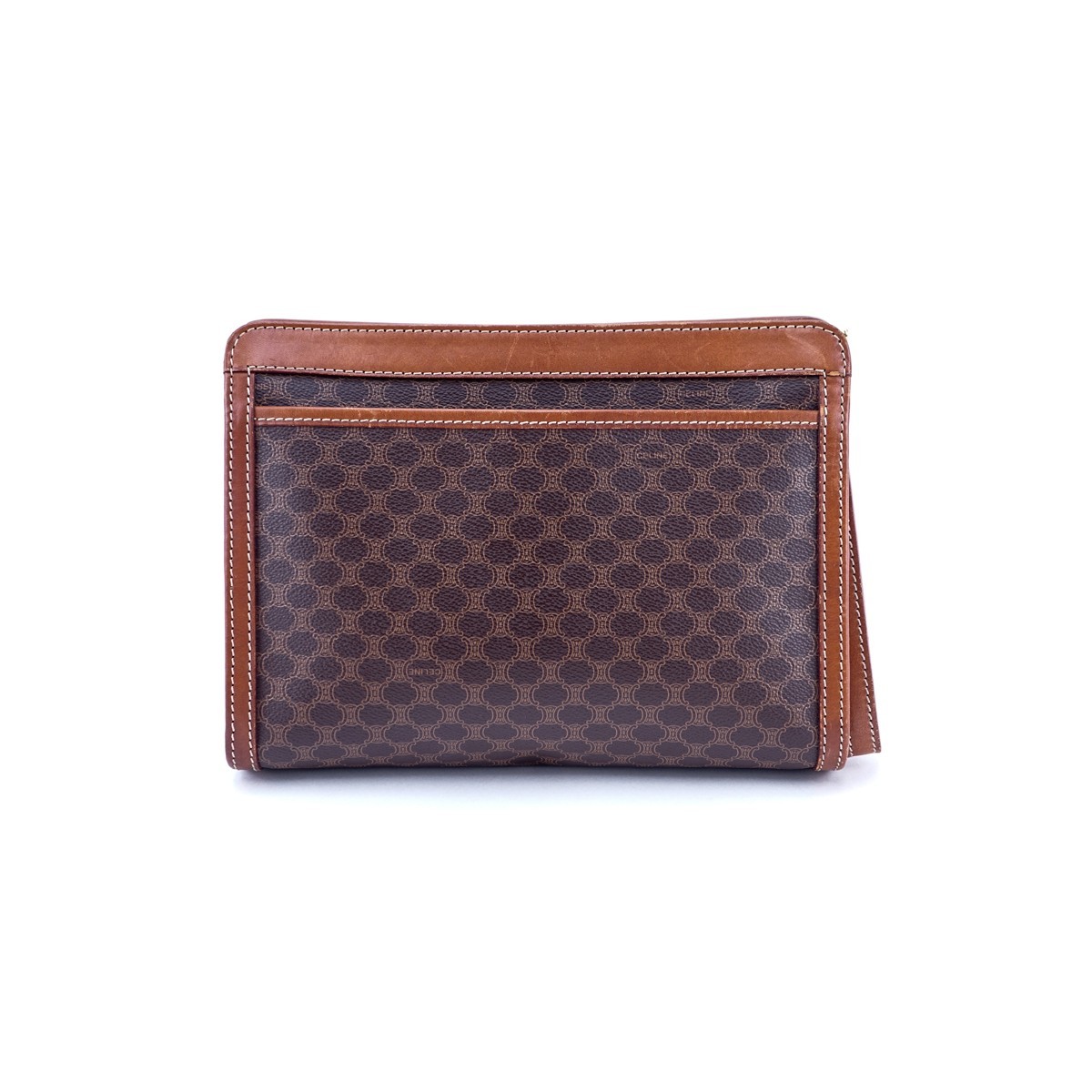 Celine Brown Macadame Coated Canvas Vintage Toiletry Pouch. Gold tone hardware, leather interior with zippered pockets.