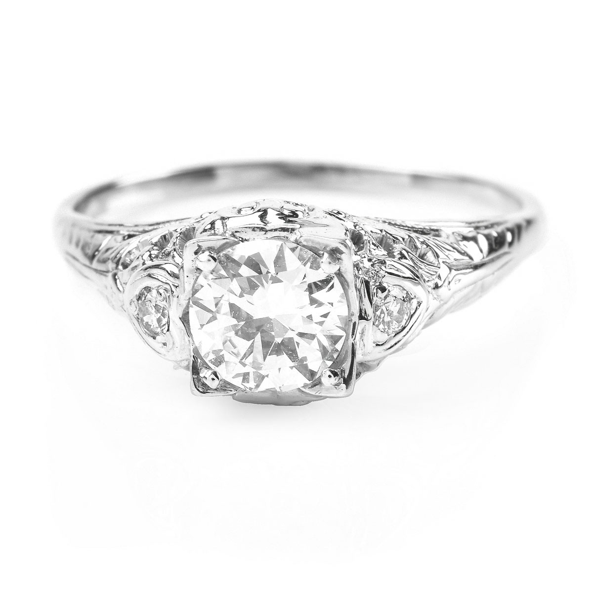 Art Deco Approx. .65 Carat Old European Cut Diamond and 18 Karat Filigree White Gold Engagement Ring.